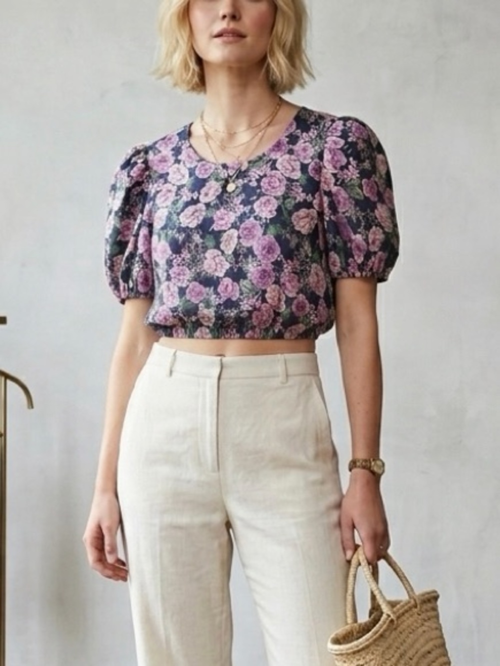 Cami NYC 100% Linen Cropped Purple Floral Puff Sleeve Blouse